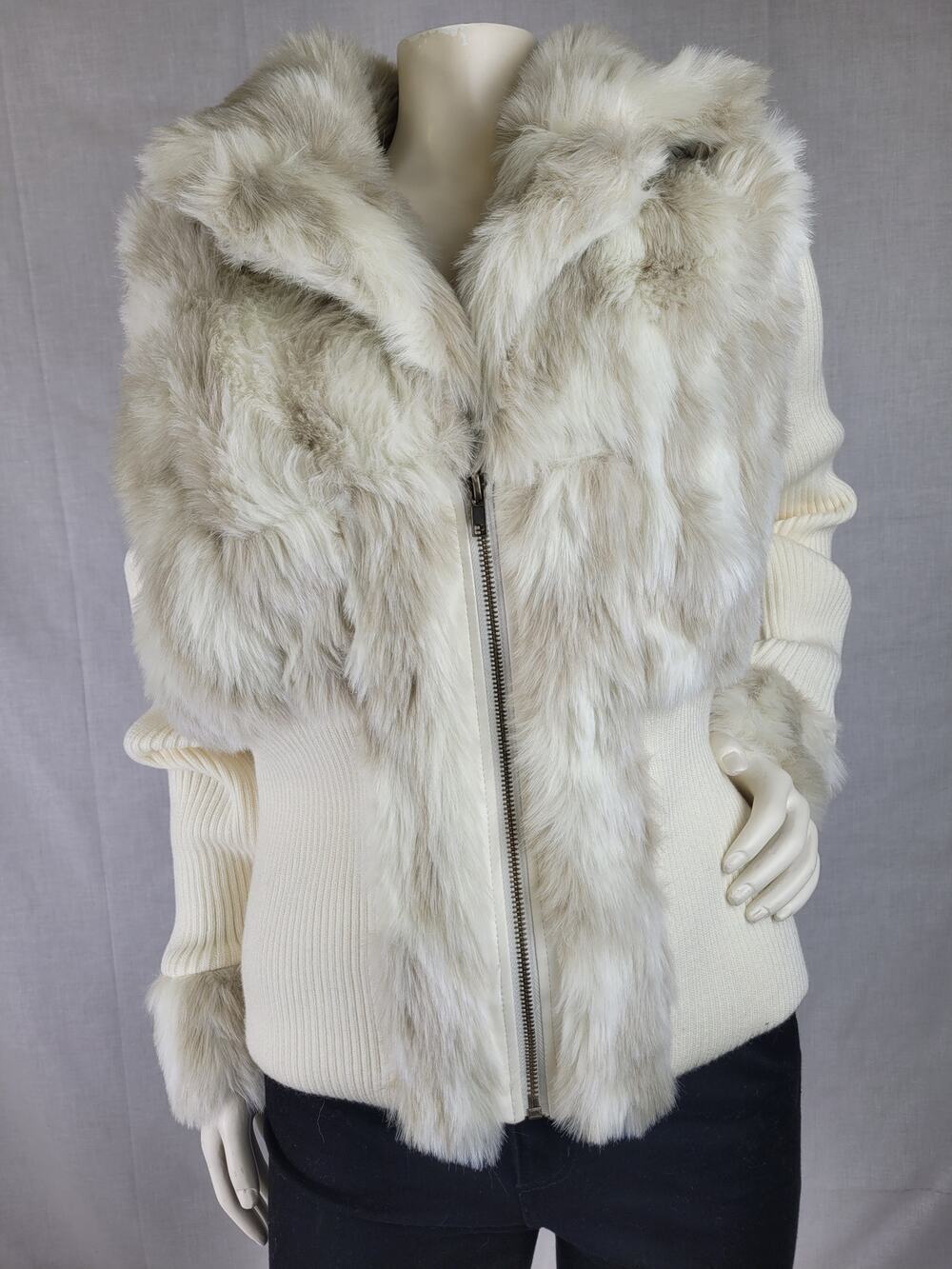 Y2K Boston Proper Faux Fur Ribbed Knit Sweater Jacket Women's Sz L